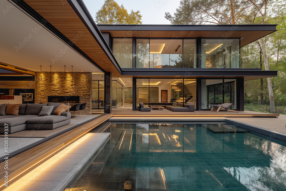 Modern luxury home with pool at twilight, elegant interior design Modern luxury home with pool at twilight, elegant interior design