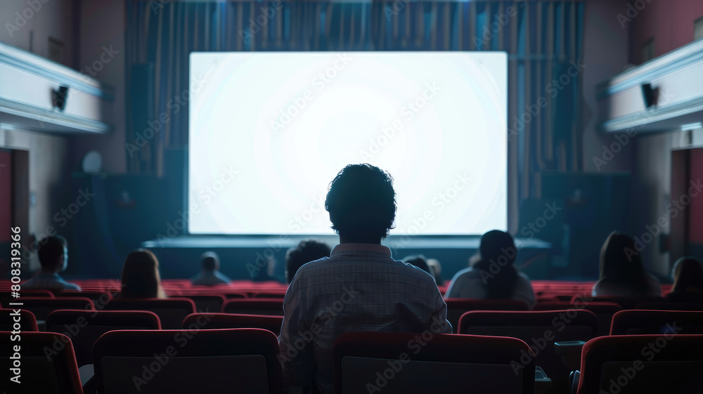 Cinema blank wide screen and people in chairs in the cinema hall. Blurred People silhouettes watching movie performance. Cinema blank wide screen and people in chairs in the cinema hall. Blurred People silhouettes watching movie performance.