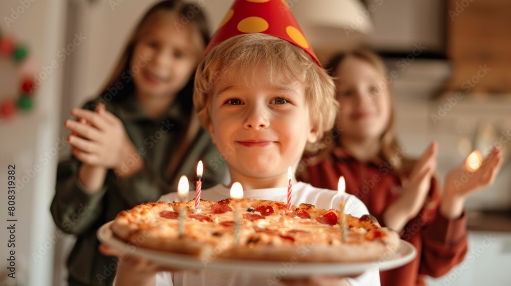 Joyful Birthday Celebration with Pizza and Candles. Generative ai Joyful Birthday Celebration with Pizza and Candles. Generative ai