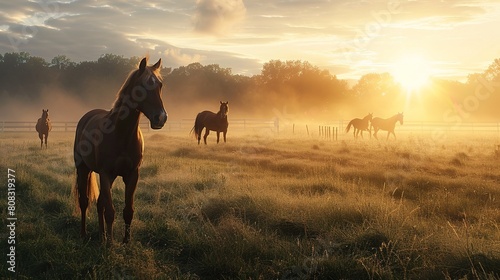 Thoroughbred horses walking in a field at sunrise. photo