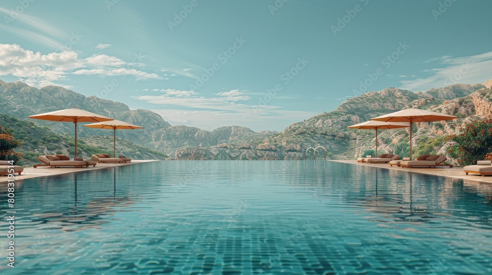 Luxurious Swimming Pool Area With Lounge Chairs and Umbrellas