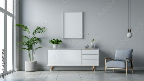 Minimalist Interior Design  White Cabinet  Plant  and Grey Furniture. Concept White Cabinet  Plant Decor  Grey Furniture  Minimalist Interior Design