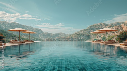 Luxurious Swimming Pool Area With Lounge Chairs and Umbrellas