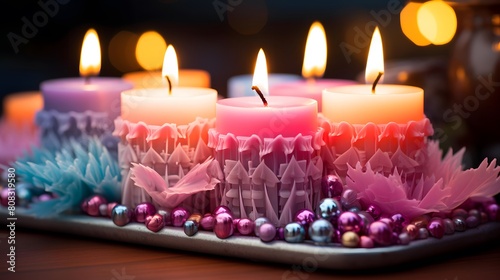 Candles in the shape of a Christmas tree. Selective focus.
