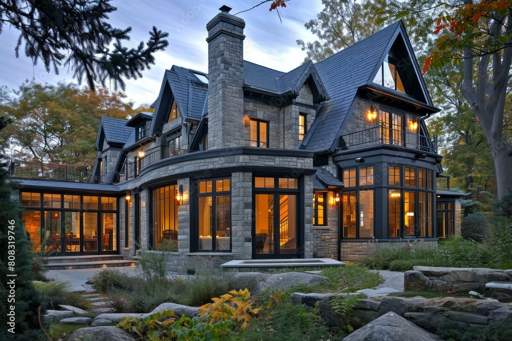 Elegant large home with illuminated windows surrounded by trees at dusk Elegant large home with illuminated windows surrounded by trees at dusk