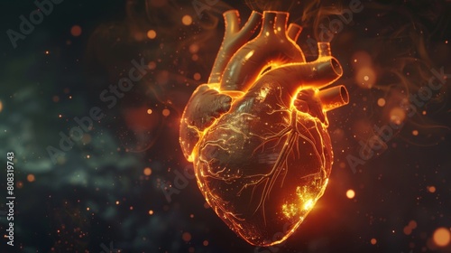 Life glowing inside human heart, heart pulse concept. A digital artwork of a human heart composed of tiny particles resembling an astronomical object. The image combines art and science.