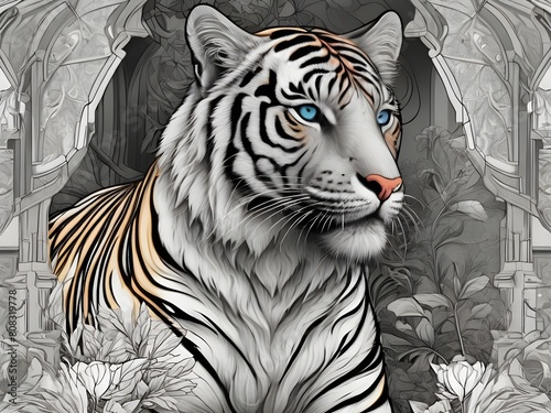 masterpiece  best quality  coloring book line art  detailed Tiger with Art Nouveau flair  synthwave and Art Nouveau hybrid style  bold and harmonious lines  romantic composition Generative AI