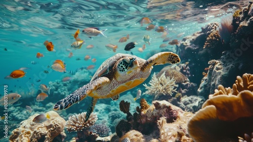 Underwater shot of a hawksbill turtle among beautiful coral reef and tropical fish