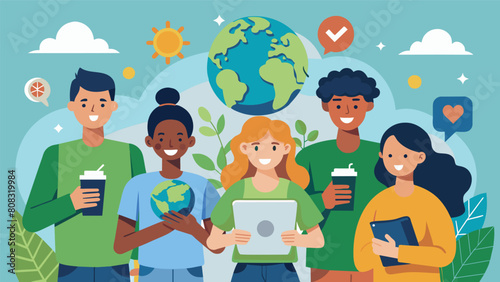 A team of young activists using digital tools to inspire their peers to become more conscious consumers and protect the planet.. Vector illustration