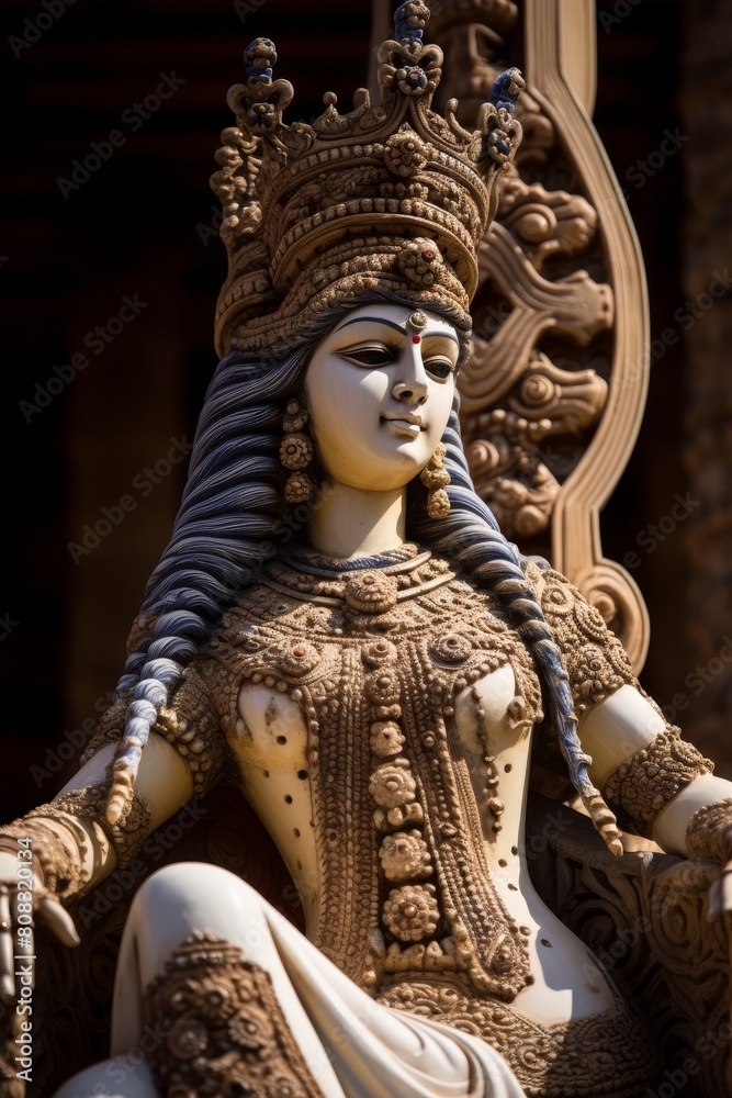 Obraz premium Ornate carved statue of a woman in traditional indian dress