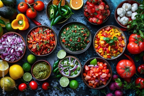 A variety of fresh and healthy salsas made with tomatoes, onions, peppers, and other vegetables.