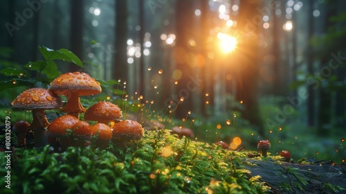 Group of Mushrooms on Lush Green Forest