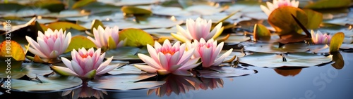 Serene water lily pond with pink flowers
