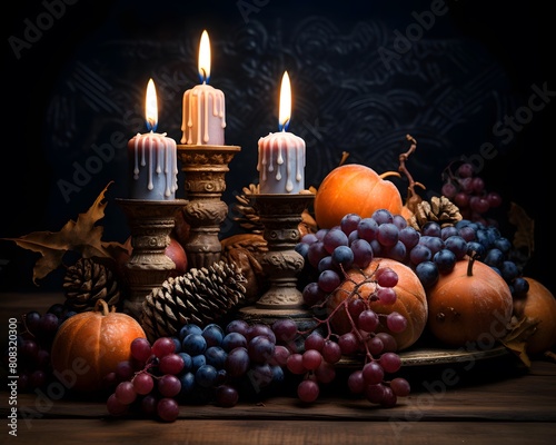 Autumn still life with candles, pumpkins, grapes and cones