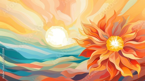 vibrant sunset landscape with fiery flower