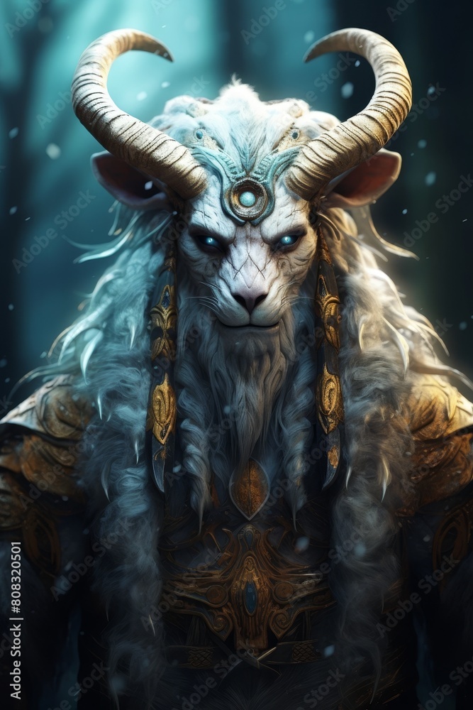 Mystical fantasy creature with horns and feathers Mystical fantasy creature with horns and feathers