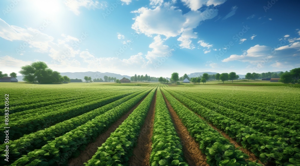 Lush green fields under a bright blue sky