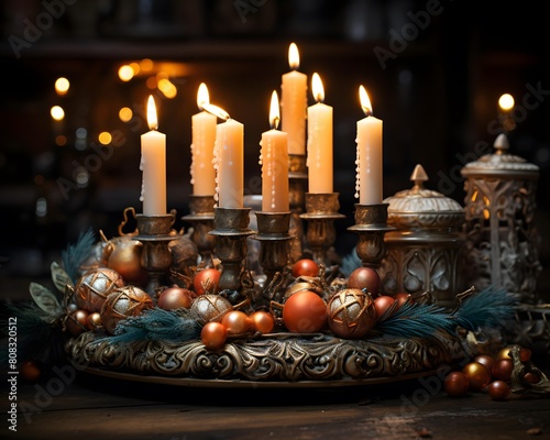 Christmas still life with burning candles and ornaments on wooden background