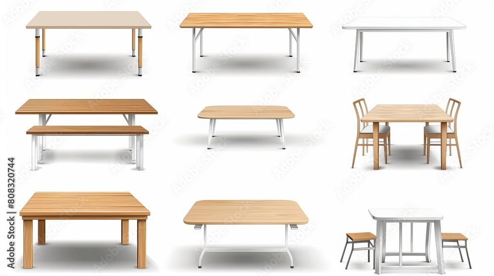 3D rendering of various tables, including kitchen stands, desks, and dining tables, isolated objects suitable for showroom presentation. 3D rendering of various tables, including kitchen stands, desks, and dining tables, isolated objects suitable for showroom presentation.