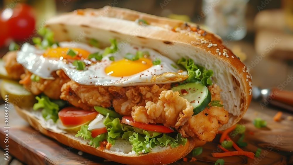 Tasty sub with chicken fried egg veggies and spicy sauce in cozy setting. Concept Food Photography, Sandwich Showcase, Flavorful Ingredients, Cozy Dining Atmosphere Tasty sub with chicken fried egg veggies and spicy sauce in cozy setting. Concept Food Photography, Sandwich Showcase, Flavorful Ingredients, Cozy Dining Atmosphere