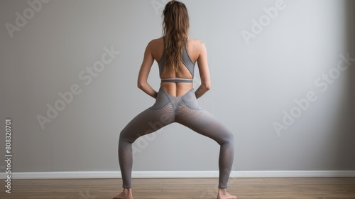 woman in gray workout outfit standing in studio