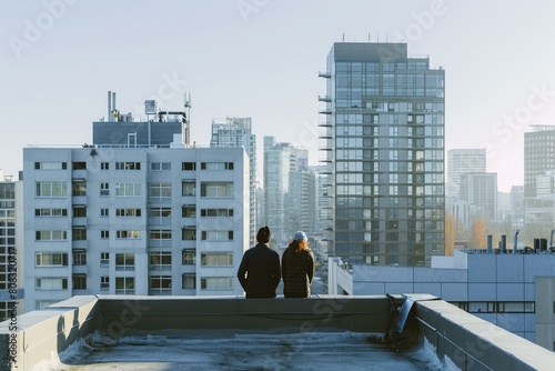 Couple sits on a rooftop, gazing out over a tranquil city skyline under a clear blue sky © anatolir