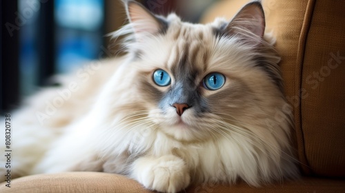 Fluffy white cat with blue eyes