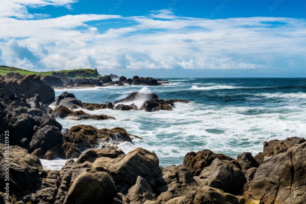 Dramatic rocky coastline with crashing waves