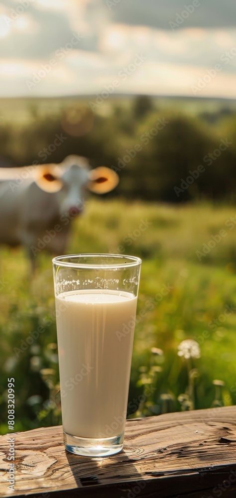 A glass of cows milk is placed on a wooden railing overlooking a cow grazing in the background, showcasing the connection between the ingredient and the source. A glass of cows milk is placed on a wooden railing overlooking a cow grazing in the background, showcasing the connection between the ingredient and the source.