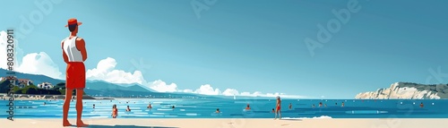 Lifeguard standing on the beach and watching over swimmers in the ocean.