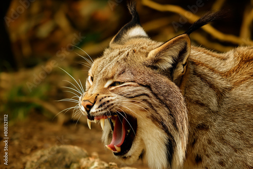 A wild and angry eurasian lynx hunting in forest in wildness