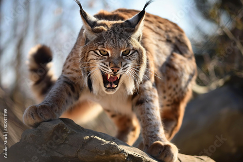 A wild and angry eurasian lynx hunting in wildness