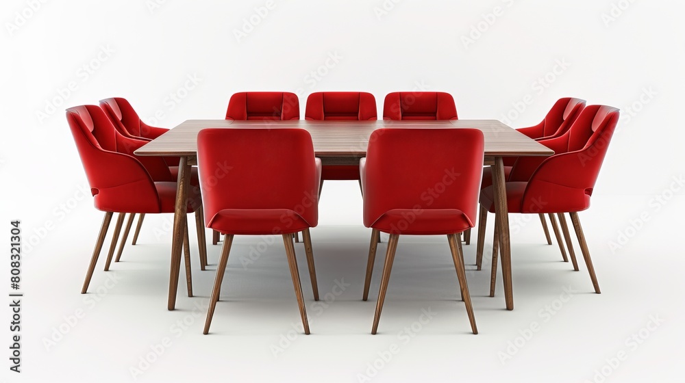 Obraz premium A modern dining room setting featuring red chairs is isolated with a clipping path included.