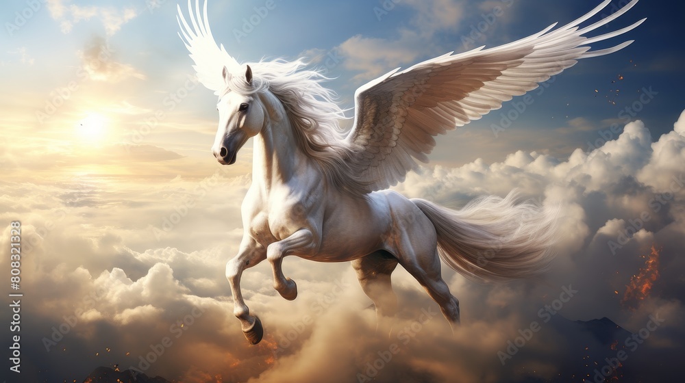 Majestic winged horse soaring through clouds at sunset Majestic winged horse soaring through clouds at sunset