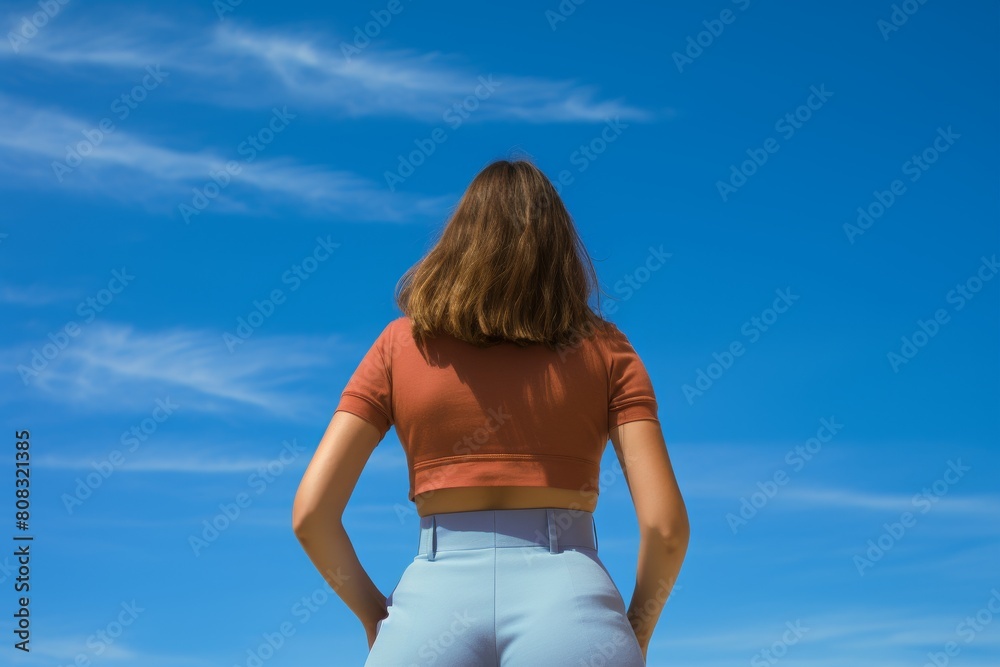woman standing with back to camera against blue sky woman standing with back to camera against blue sky
