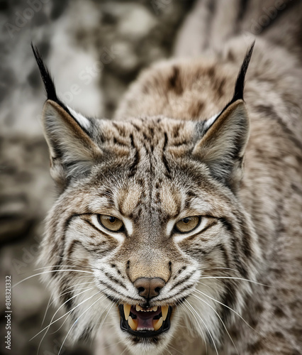 A wild and angry eurasian lynx hunting in nature, roaring in mountain