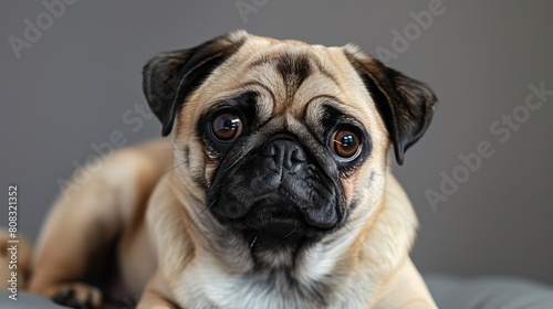 Fashionable Pug Dog Posing on Plain Background, Room for Text Overlay © MuhammadAshir