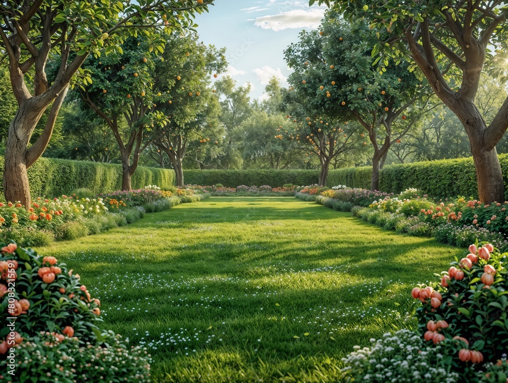 Scenic Summer Garden with Blooming Flowers and Fruit Trees at Sunset