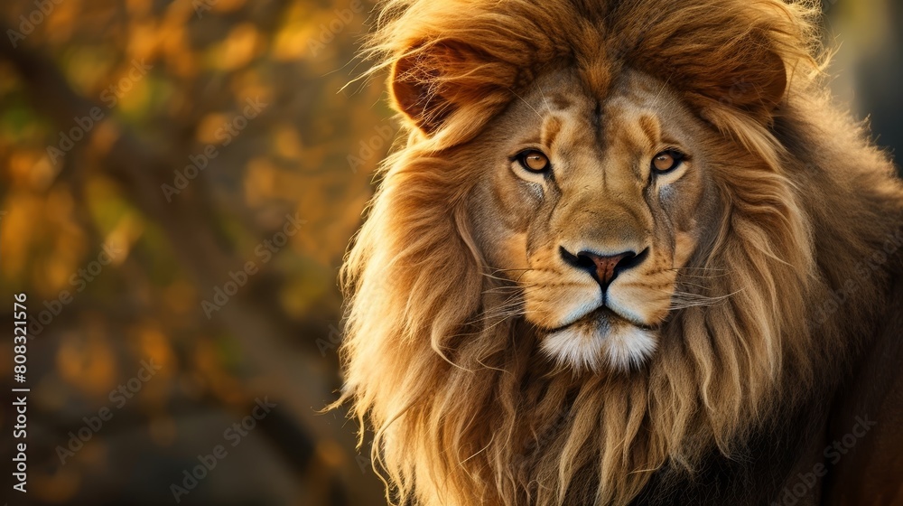 Majestic lion with flowing mane in autumn forest