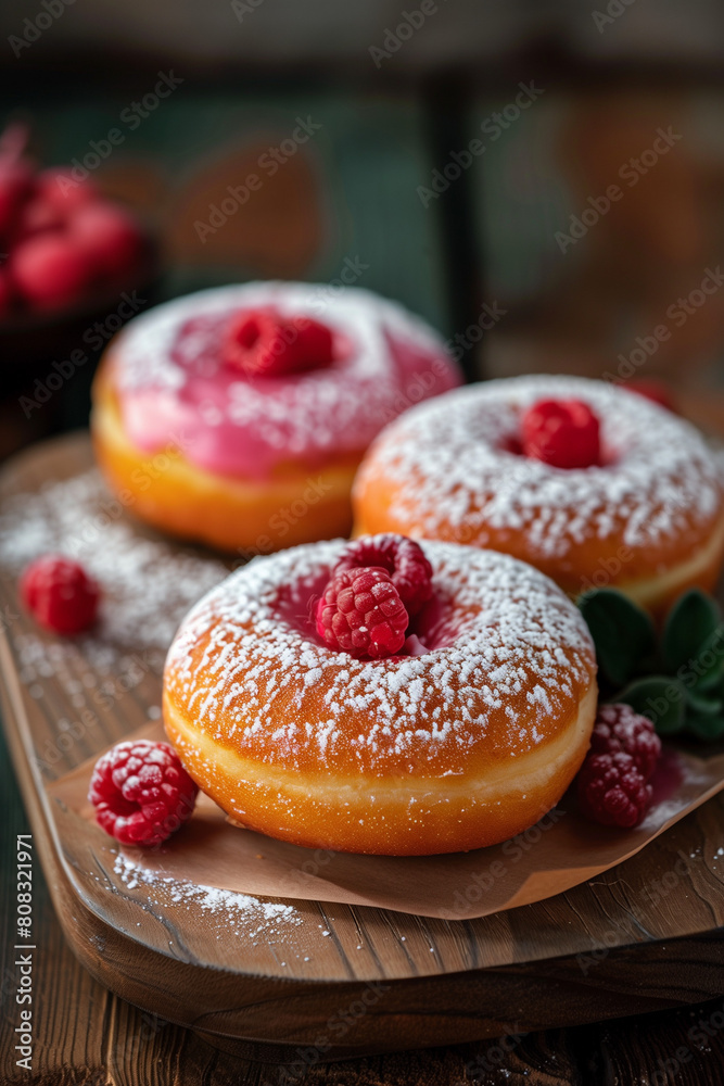 american donuts with icing sugar and raspberry american donuts with icing sugar and raspberry