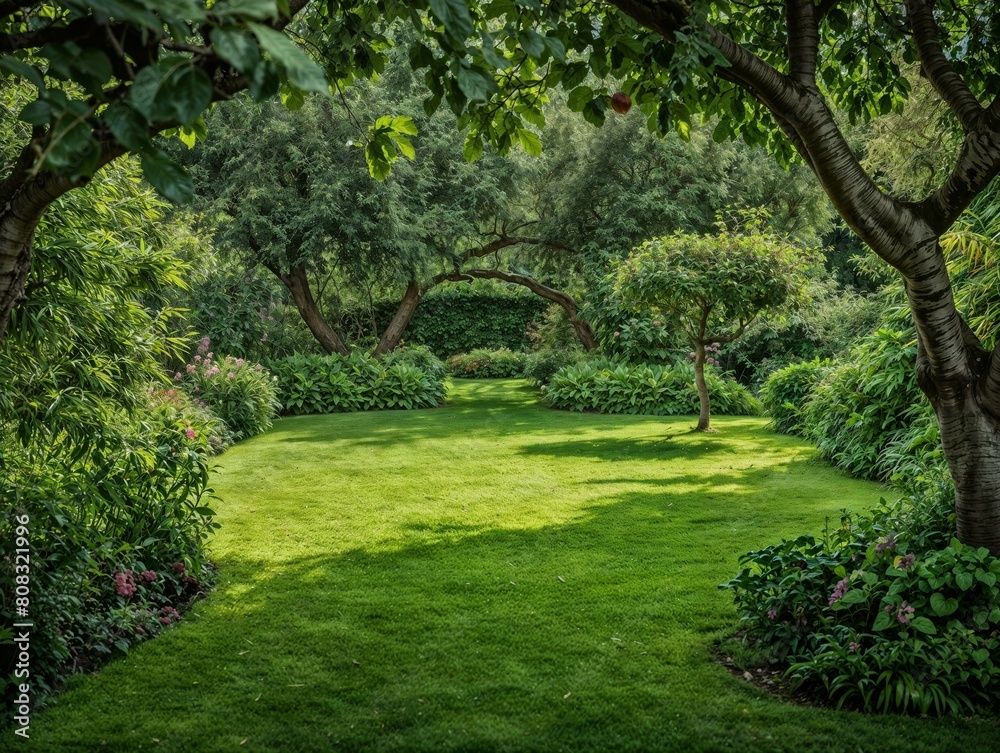 Lush Green Garden with Vibrant Trees and Manicured Lawn on Sunny Day Lush Green Garden with Vibrant Trees and Manicured Lawn on Sunny Day
