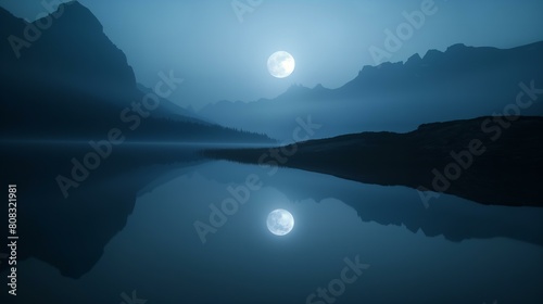Mystic Moonrise Over Calm Lake Reflection photo