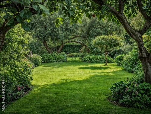 Lush Green Garden with Vibrant Trees and Manicured Lawn on Sunny Day