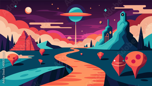An otherworldly path with stoic philosophy depicted through surreal landscapes and creatures.. Vector illustration