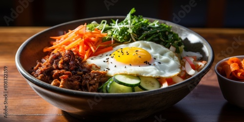 Delicious Korean bibimbap bowl with fried egg, vegetables, and spicy beef