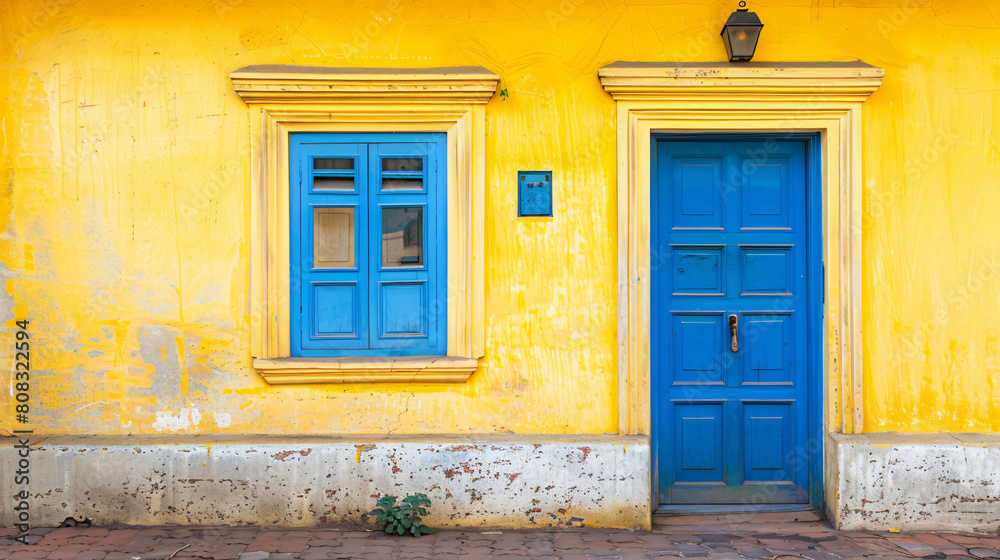 Yellow House With Blue Door and Window
