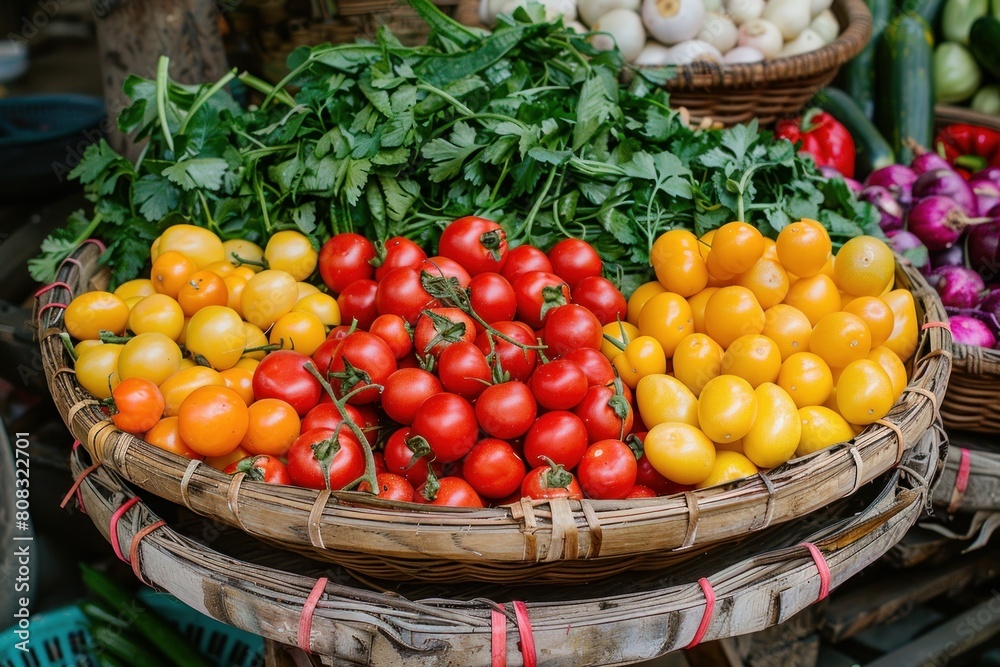 A basket of fresh and organic vegetables, including red, yellow, and orange tomatoes, and green herbs. A basket of fresh and organic vegetables, including red, yellow, and orange tomatoes, and green herbs.