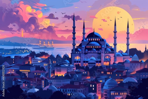 Sunset landscape of Istanbul, Turkey - mosque, bosphorus photo