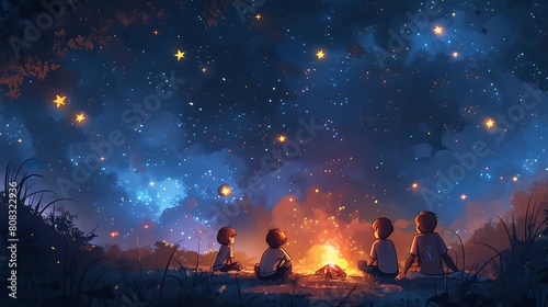 Nighttime Campfire Bliss: Starlit Sky and Cozy Fire Pit Scene