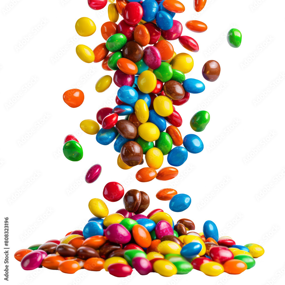 Obraz premium A bunch of colorful candy is falling from the sky. The candy is made of sugar and is in various colors such as red, yellow, green, and blue. The candy is scattered all over the ground, creating a fun